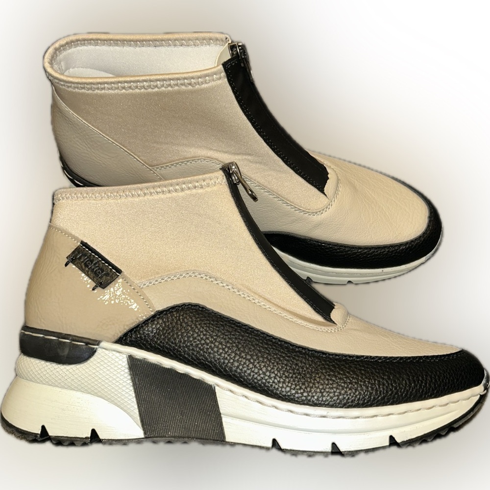 Rieker Neoprene Kitty Zip Up Beige Black Wedge Platform Ankle Boot Sneakers 41